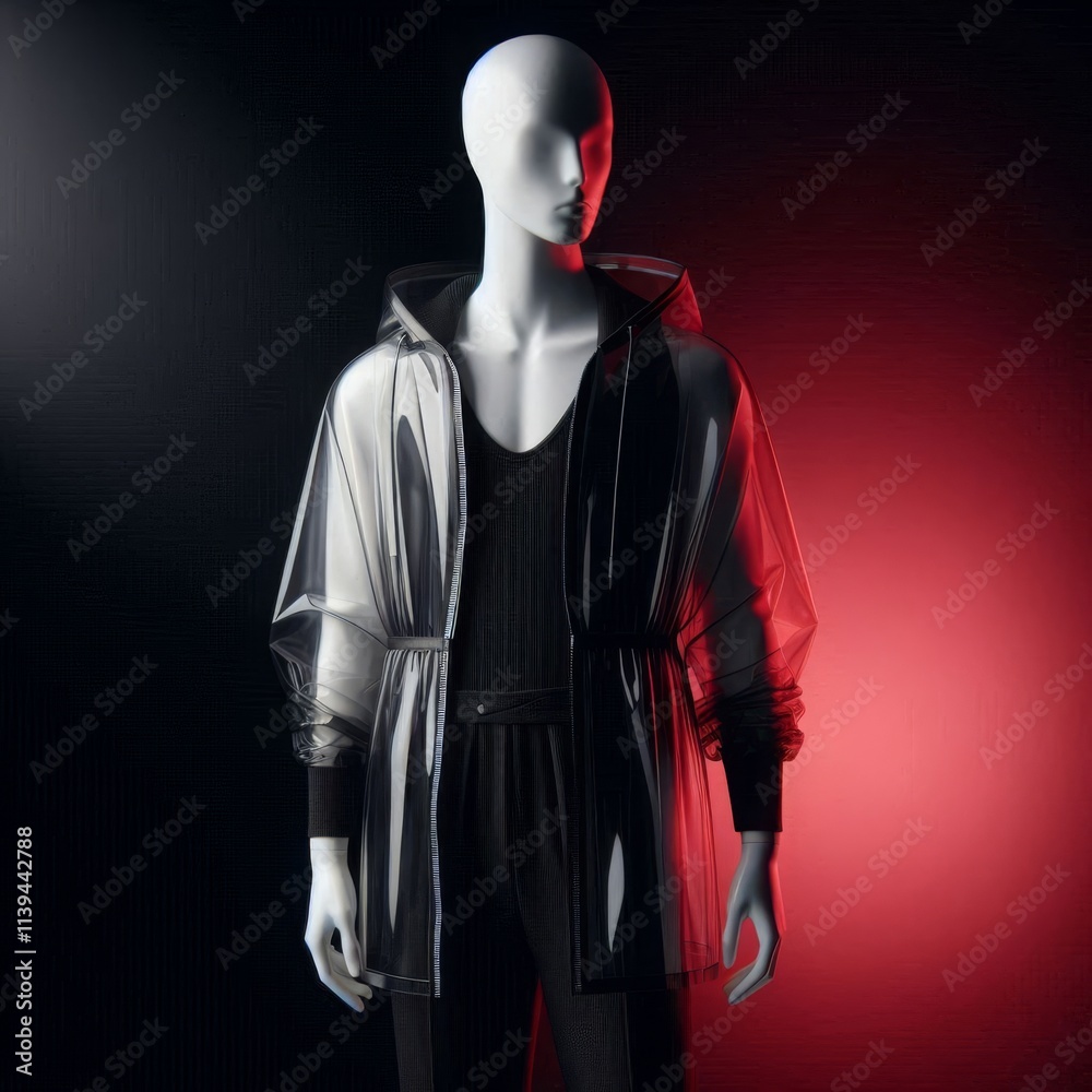 Fototapeta premium Transparent Raincoat Over Black Utility Suit