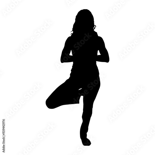 Yoga vrksasana poses in female silhouette, Vector illustration