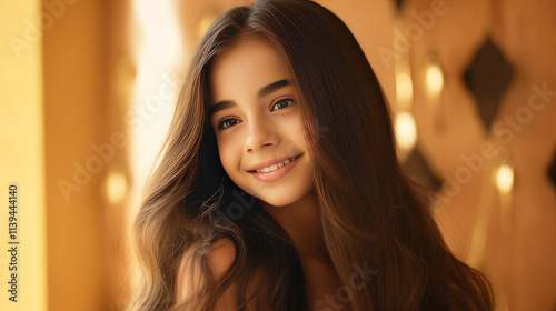 Portrait of Latin American teenage girl with long hair on golden background.