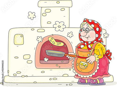 Funny granny skillfully frying tasty pancakes from sweet batter in her traditional village oven for a festive table, vector cartoon illustration on a white background