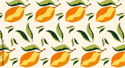 Lemons on tree branches, seamless pattern. Yellow lemon fruit vector.