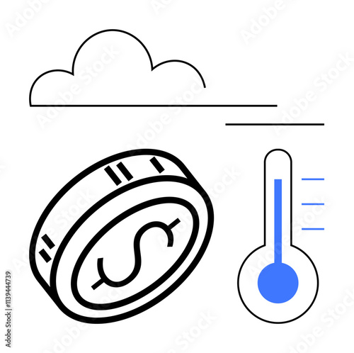 Coin with dollar sign, a cloud, and a thermometer representing the intersection of weather and financial markets. Ideal for finance, economics, climate impact, weather forecasting, investment trends