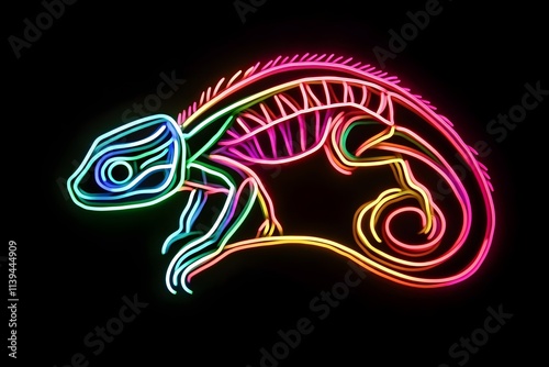 An eye-catching neon depiction of a whimsical cartoon chameleon outlined on a dark backdrop.