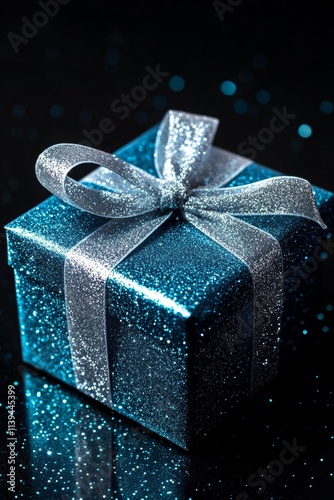 small square gift box Wrapped in shiny blue paper with a silver ribbon. The box is placed on a black background. photo