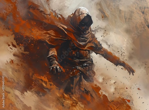 Lone figure stands amidst swirling rustcolored dust their face obscured corroded armor weapons hinting battle long past photo