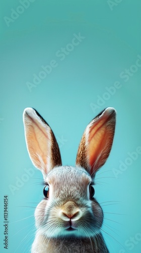 Adorable Rabbit Close-Up with Perky Ears Against a Vibrant Turquoise Background – Minimalist Animal Portrait for Mobile Phone Wallpaper and Design Inspiration