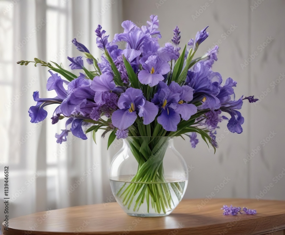 Freshly cut bouquet of irises and lilacs in a clear glass vase, blooming, garden blooms Freshly cut bouquet of irises and lilacs in a clear glass vase, blooming, garden blooms