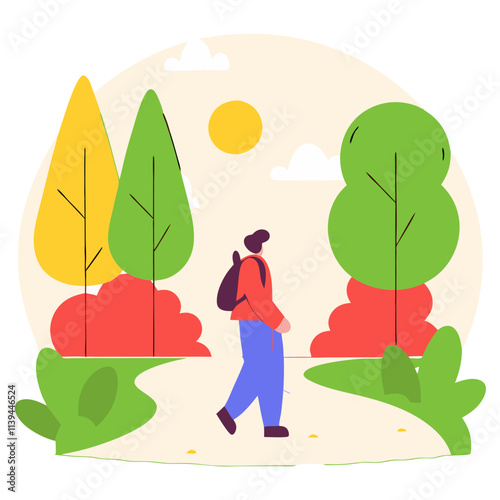 Walking through a colorful landscape with trees and sunshine during a bright day