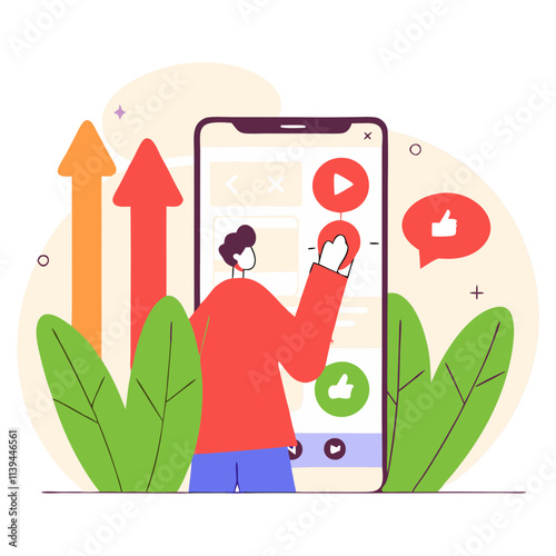 Mobile marketing concept illustration featuring a person interacting with a smartphone surrounded by growth symbols