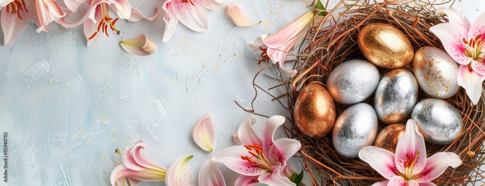 Obraz premium Easter Eggs Nestled in a Nest with Lilies