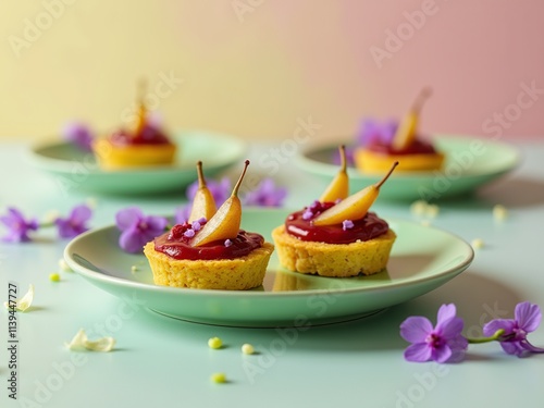 Exquisite tarts featuring a rich berry topping and delicate pear slices sit elegantly on soft green plates, surrounded by colorful floral accents against a pastel backdrop photo