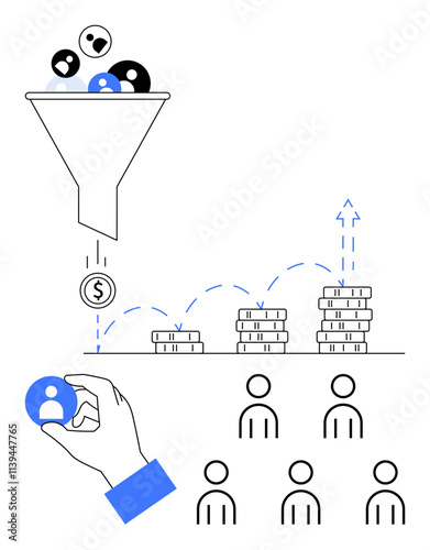 Funnel filtering users, coins dropping to stacks, hand picking user, multiple user icons. Ideal for marketing, business growth, analytics, sales optimization, audience segmentation, revenue