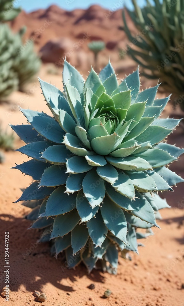Fototapeta premium Desert succulent with thorny stems and powdery blue-green leaves, Cacti, Dry Land Vegetation