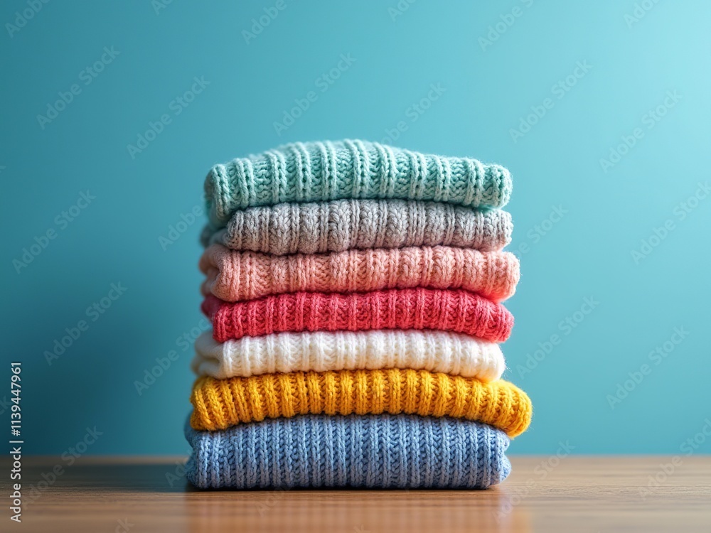 A neat stack of colorful knit sweaters arranged meticulously on a wooden surface against a serene blue backdrop evokes feelings of warmth and comfort. The vibrant hues bring joy A neat stack of colorful knit sweaters arranged meticulously on a wooden surface against a serene blue backdrop evokes feelings of warmth and comfort. The vibrant hues bring joy