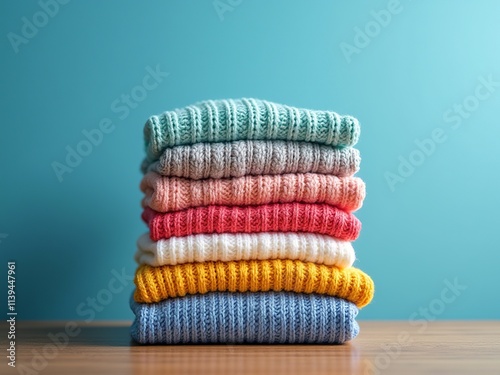 A neat stack of colorful knit sweaters arranged meticulously on a wooden surface against a serene blue backdrop evokes feelings of warmth and comfort. The vibrant hues bring joy