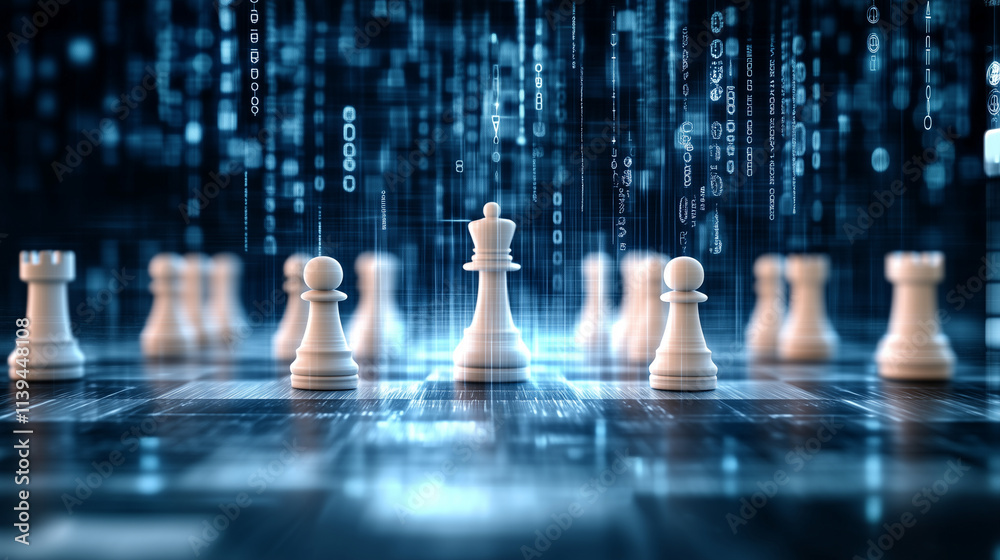 A digital illustration of a futuristic chess game with holographic pieces. A digital illustration of a futuristic chess game with holographic pieces.