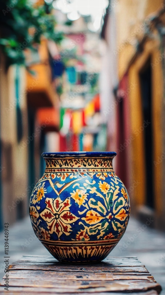 Handpainted pottery vase with latin american textiles and street scene Handpainted pottery vase with latin american textiles and street scene