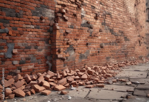 Crumbling brick wall with broken bricks scattered on the ground , disintegration, fallen