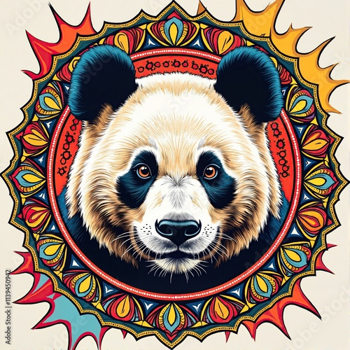 Panda with Geometric Sunburst Pattern and Vibrant Colors, Print for T-Shirt