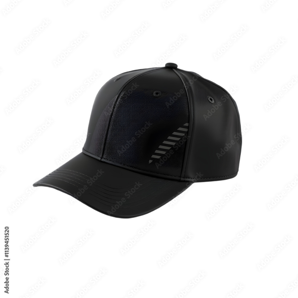 A sleek black cap with a modern design, placed on a white background A sleek black cap with a modern design, placed on a white background
