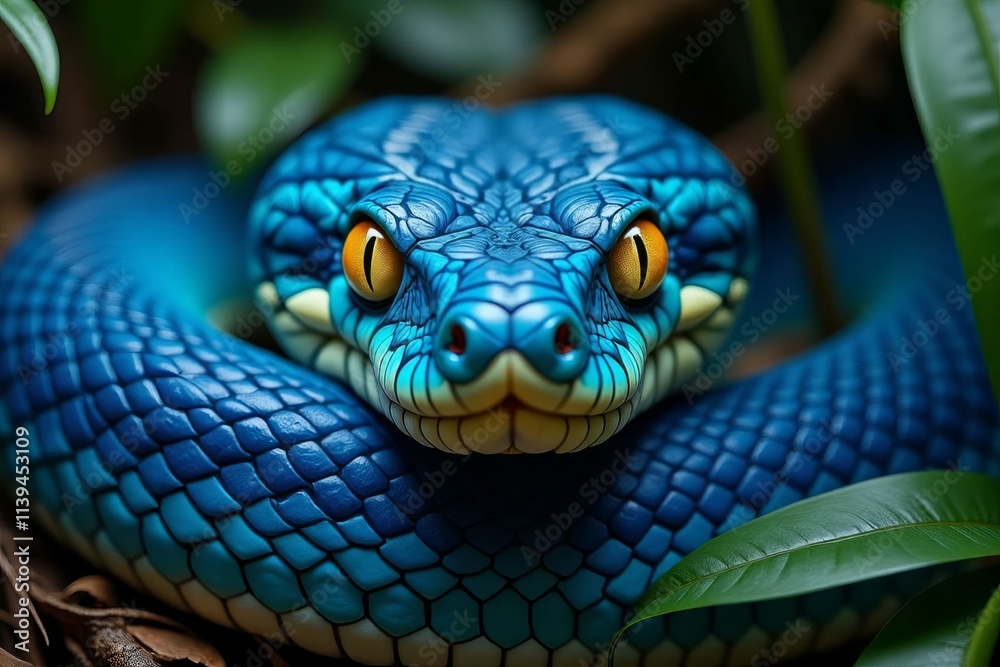 Vibrant Blue Snake Close Up In Lush Green Foliage Vibrant Blue Snake Close Up In Lush Green Foliage