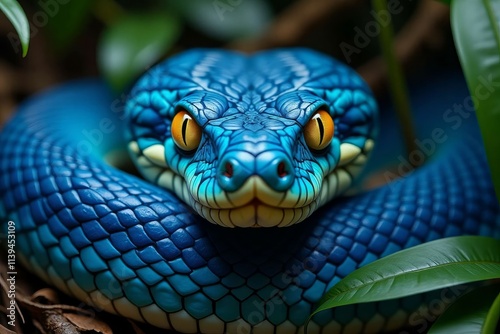 Vibrant Blue Snake Close Up In Lush Green Foliage photo