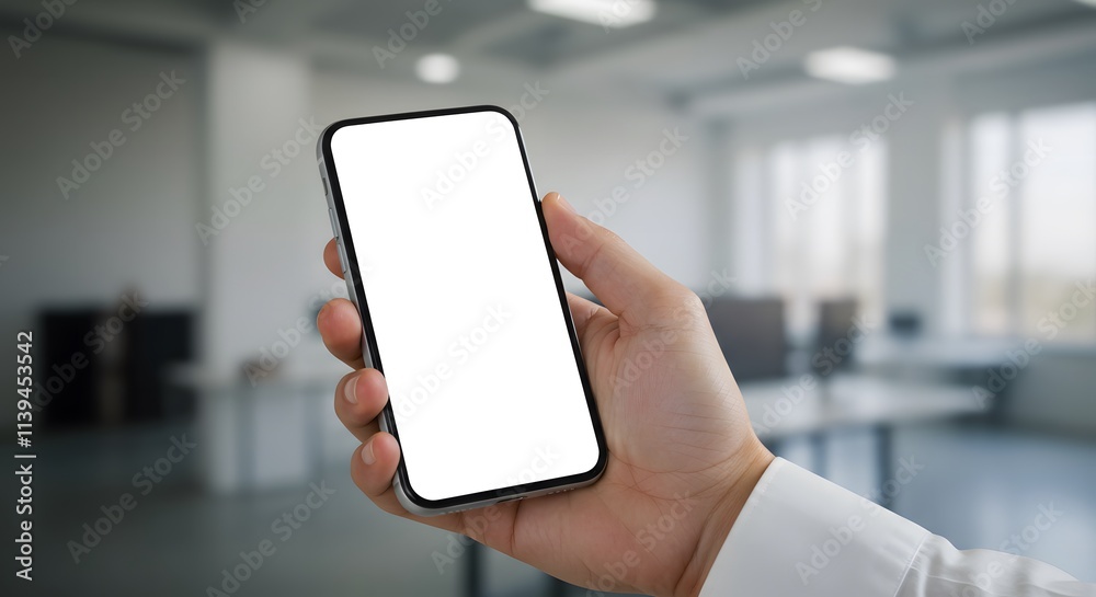 Mockup man's hand holding using smart phone with white blank screen at office, mobile app design and advertising, online marketing Mockup man's hand holding using smart phone with white blank screen at office, mobile app design and advertising, online marketing