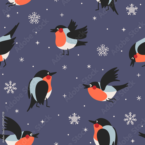 Seamless winter pattern with bullfinches