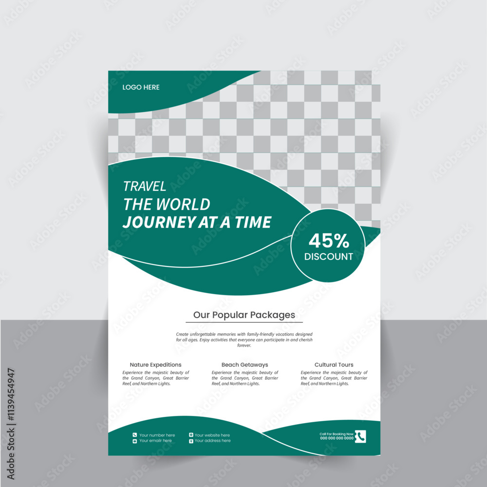Template design for a modern travel flyer with venue and contact details. Promotional design for summer travel agencies. Template design for a modern travel flyer with venue and contact details. Promotional design for summer travel agencies.