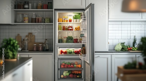 Well-Stocked Modern Kitchen Refrigerator with Fresh Produce and Ingredients