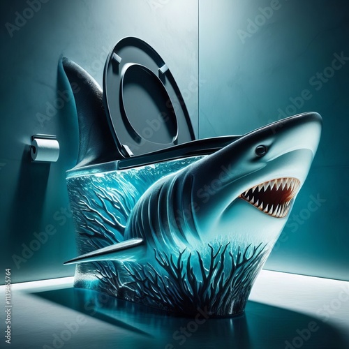 385 A toilet with a shark inspired design featuring a sleek mode photo