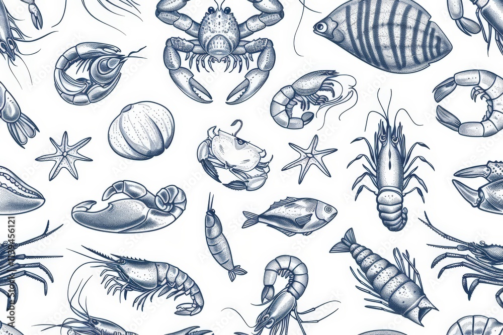 Obraz premium Seafood Pattern: A Delicious Illustration of Marine Life