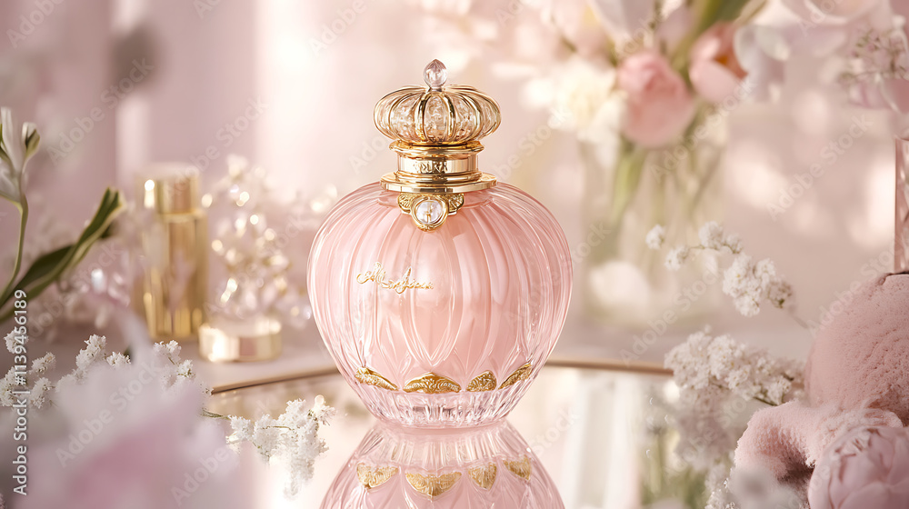 luxurious pink perfume bottle with gold details and floral decor