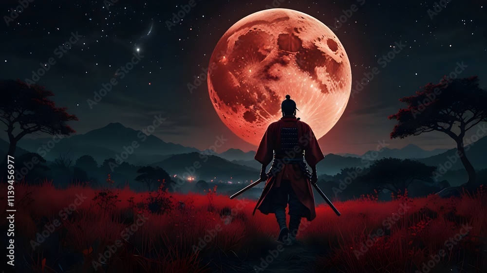 Beneath the Crimson Moon A Samurai’s Tranquil Walk Through a Starlit Field Beneath the Crimson Moon A Samurai’s Tranquil Walk Through a Starlit Field