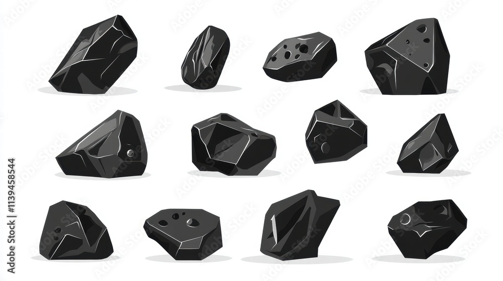 Naklejka premium Collection of Black Rocks, Stones, Gems, Minerals - Isolated on White Background