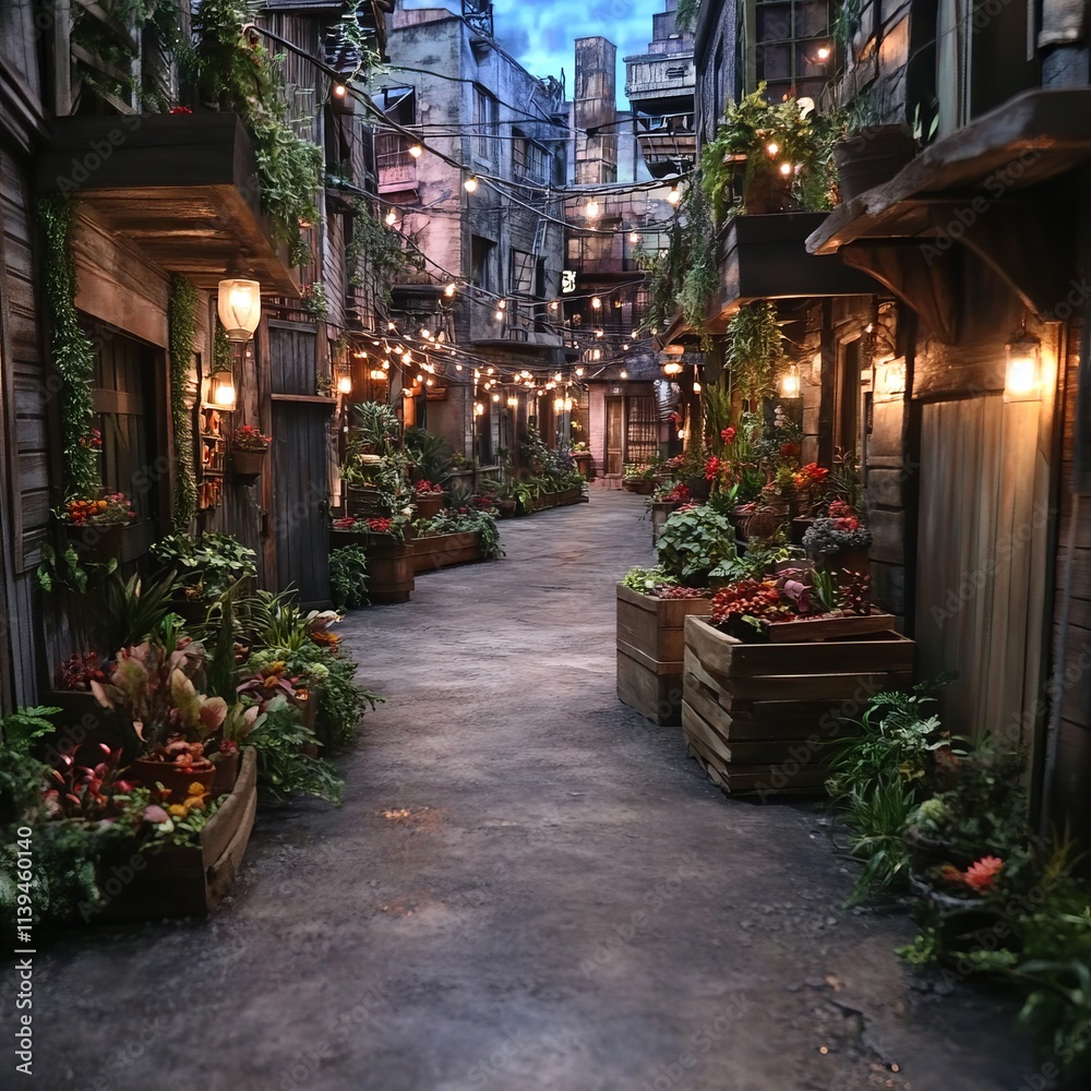 Charming Cobblestone Alleyway with Flower Boxes and String Lights Charming Cobblestone Alleyway with Flower Boxes and String Lights