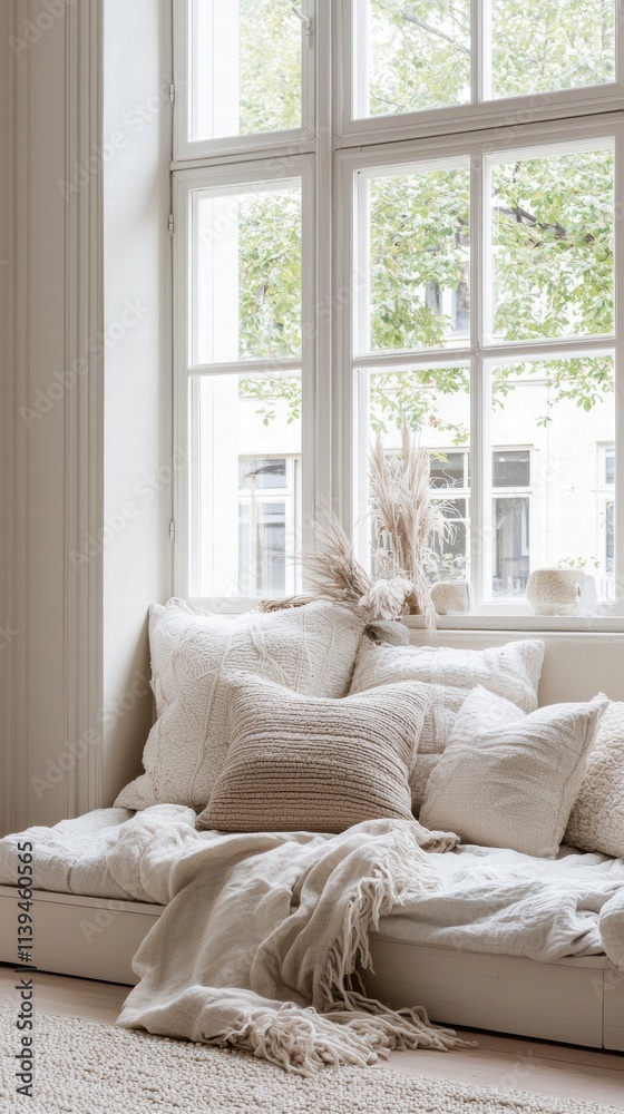 Serene reading nook with window seat and cozy textures Serene reading nook with window seat and cozy textures