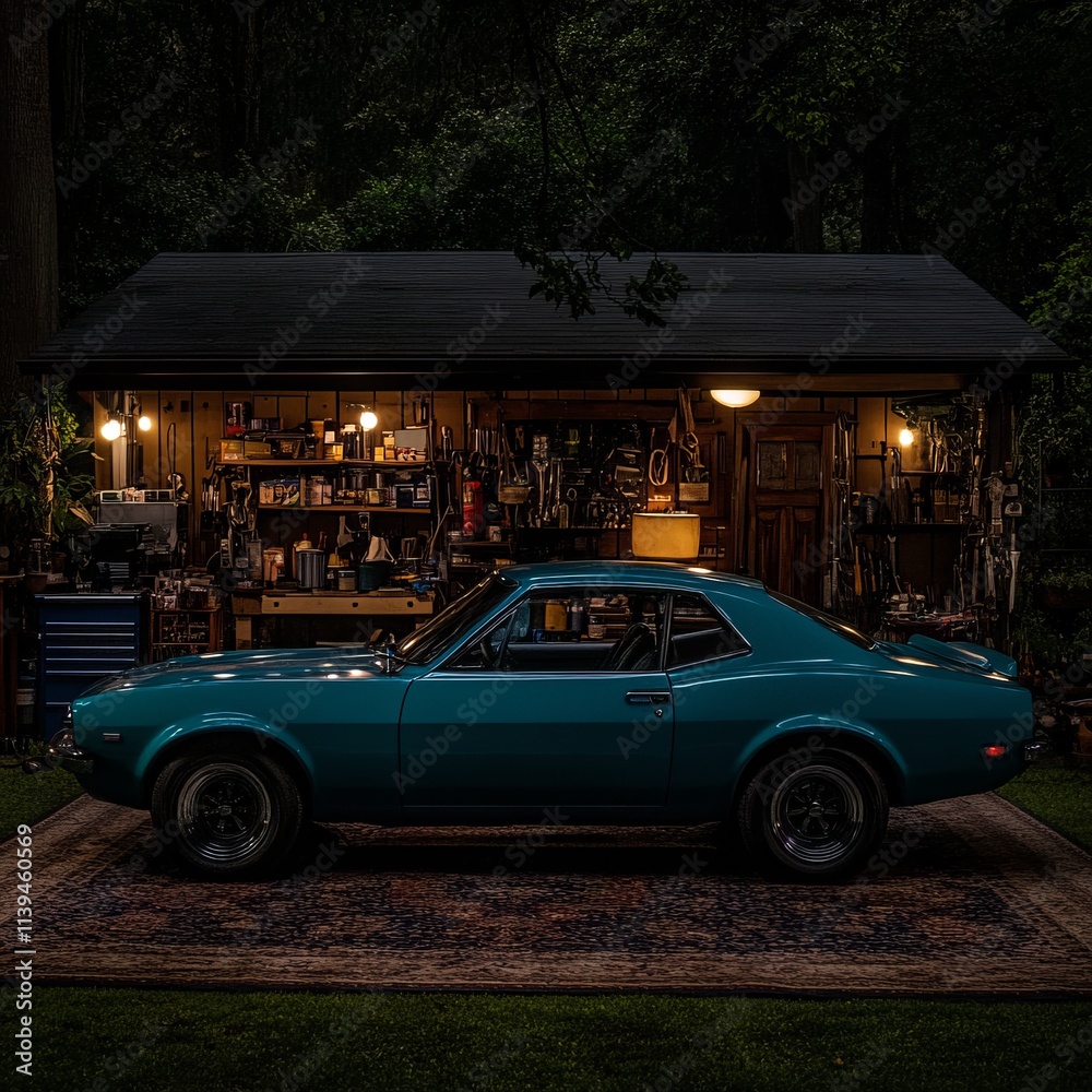 Fototapeta premium Classic Car in Rustic Garage at Night
