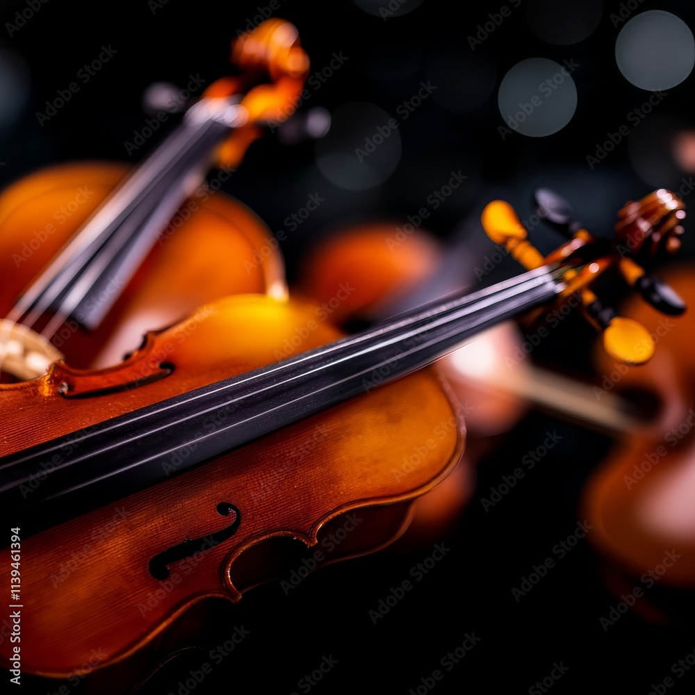 Fototapeta premium Closeup of Three Violins in Dark Setting, Musical Instruments