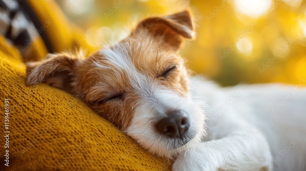 Adorable dog snoozing peacefully on a warm golden sweater with autumn foliage in soft focus, capturing the essence of cozy moments and tranquility in nature. Adorable dog snoozing peacefully on a warm golden sweater with autumn foliage in soft focus, capturing the essence of cozy moments and tranquility in nature.
