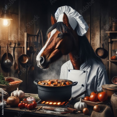 302 A Mustang horse in a chef's uniform preparing a hearty stew