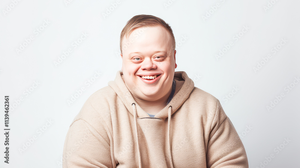Portrait of smiling laughing man with Down syndrome white background. Portrait of smiling laughing man with Down syndrome white background.