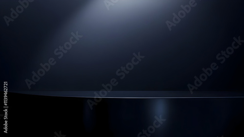 A dark blue background with a black object in the foreground. The object is a table with a black top