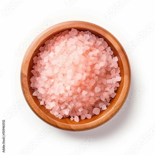 himalayan pink salt in bowl , Isolated white background, flat lay 