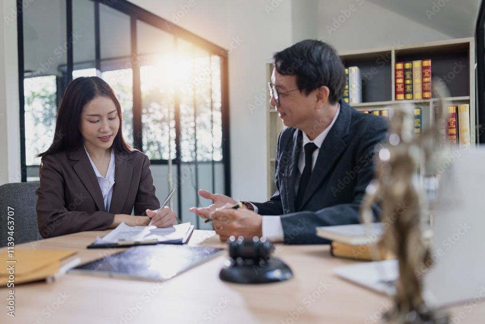 Fototapeta premium Lawyer or judge consult, Businessman and woman lawyers discussing about contract and agreement concept.