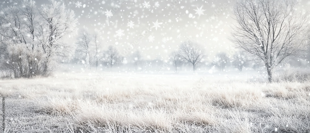 Fototapeta premium Serene snowy landscape during a gentle snowfall.
