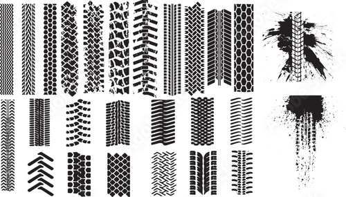 Collection of grunge tire track patterns and ink splatter textures, perfect for automotive designs, rugged backgrounds, and industrial-themed graphic art