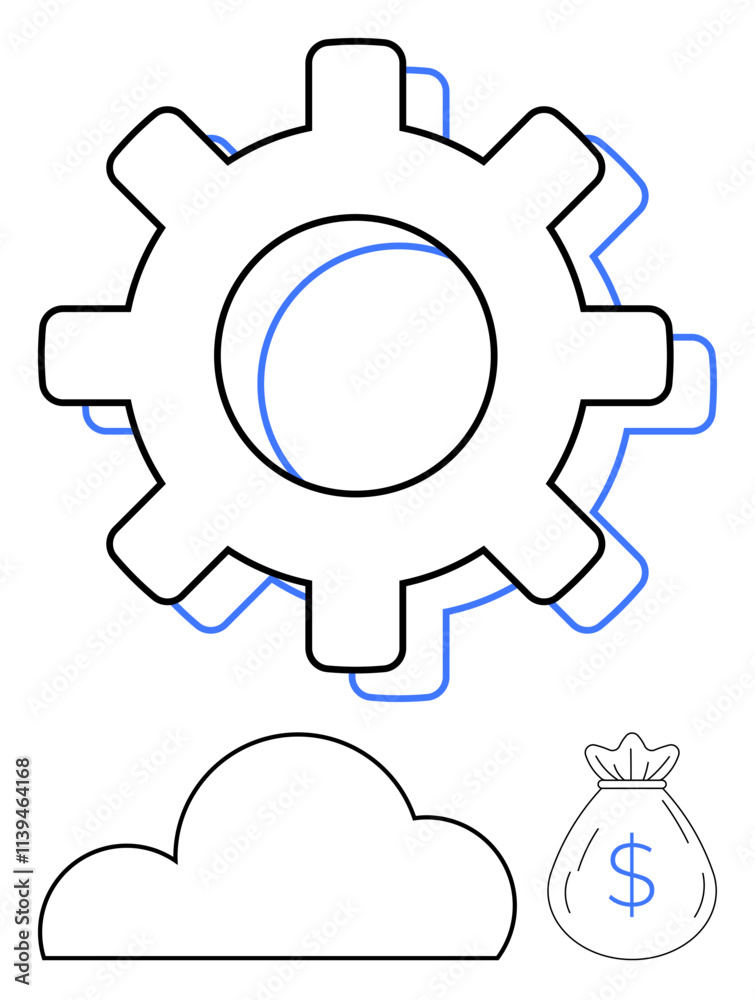 Gear represents operational processes, cloud signifies cloud computing, and money bag denotes financial transactions. Ideal for business solutions, fintech, technology advancements, cloud services Gear represents operational processes, cloud signifies cloud computing, and money bag denotes financial transactions. Ideal for business solutions, fintech, technology advancements, cloud services