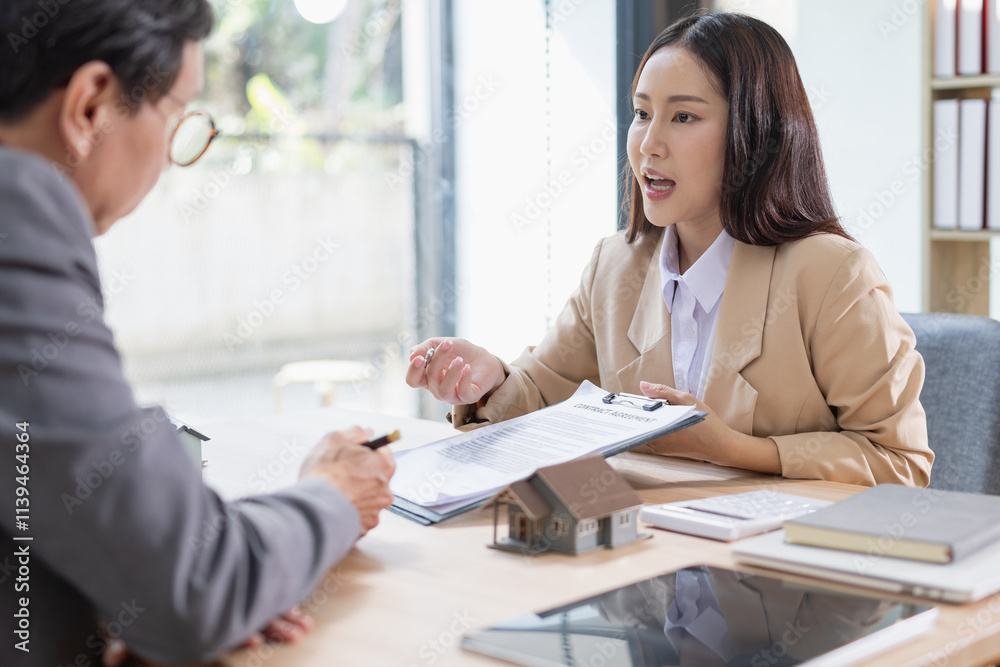 Real estate agent offering rent or buying house, Contract agreement and money, Real estate inheritance concept Real estate agent offering rent or buying house, Contract agreement and money, Real estate inheritance concept