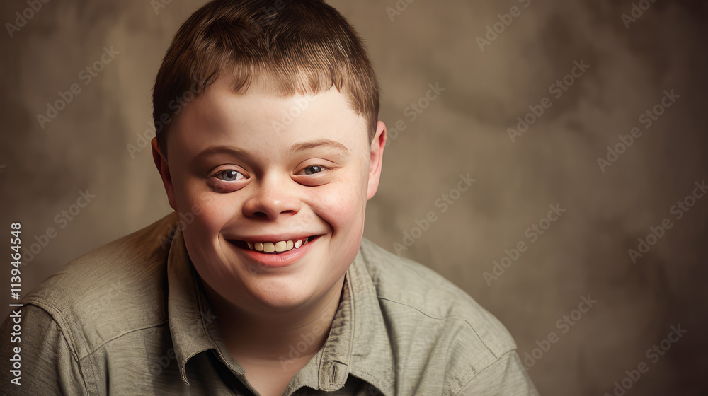 Portrait of smiling laughing man with Down syndrome silver background. Portrait of smiling laughing man with Down syndrome silver background.